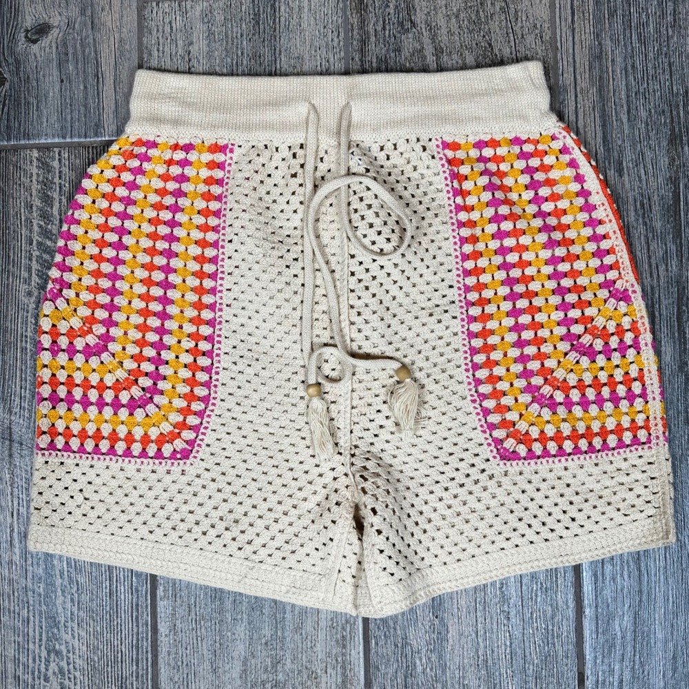 House of Harlow 1960 Crochet Knit Shorts Drawstring Waist Pink Orange‎ S